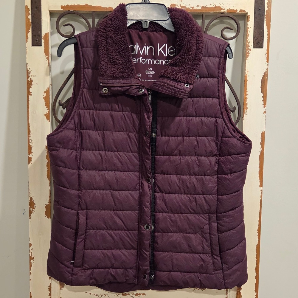 Calvin Klein Performance Plum Puffer Vest Faux Shearling Collar Large